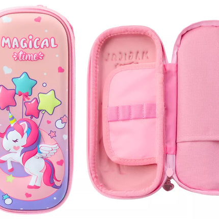 Rožinis penalas su 3D vienaragiu, dviejų skyrių, 24 cm x 11 cm x 7 cm