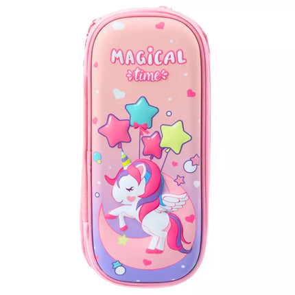 Rožinis penalas su 3D vienaragiu, dviejų skyrių, 24 cm x 11 cm x 7 cm