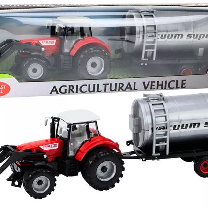 Žemės ūkio traktorius ekskavatorius su cisternos pavara, raudonas