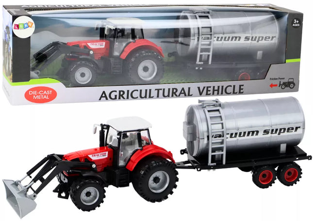 Žemės ūkio traktorius ekskavatorius su cisternos pavara, raudonas