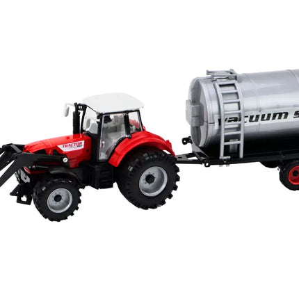 Žemės ūkio traktorius ekskavatorius su cisternos pavara, raudonas