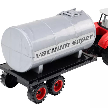 Žemės ūkio traktorius ekskavatorius su cisternos pavara, raudonas