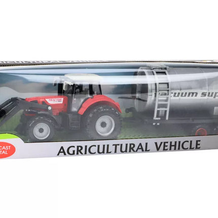 Žemės ūkio traktorius ekskavatorius su cisternos pavara, raudonas