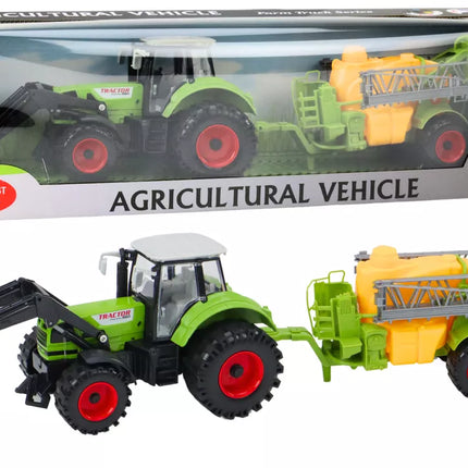 Žemės ūkio traktorius ekskavatorius su purkštuvu, varomas žalia energija