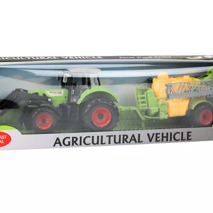 Žemės ūkio traktorius ekskavatorius su purkštuvu, varomas žalia energija