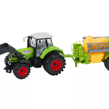 Žemės ūkio traktorius ekskavatorius su purkštuvu, varomas žalia energija