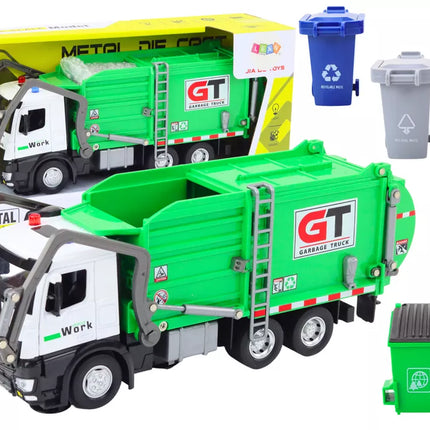 Daugiafunkcinis žalias metalinis šiukšliavežis su frikciniu varikliu ir spalvingais krepšiais