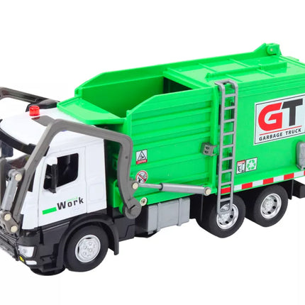 Daugiafunkcinis žalias metalinis šiukšliavežis su frikciniu varikliu ir spalvingais krepšiais