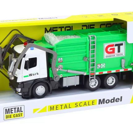 Daugiafunkcinis žalias metalinis šiukšliavežis su frikciniu varikliu ir spalvingais krepšiais