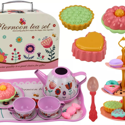 Arbatos rinkinys lagamine, puodeliai, lėkštės, tortinė