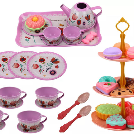 Arbatos rinkinys lagamine, puodeliai, lėkštės, tortinė