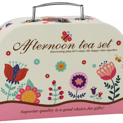 Arbatos rinkinys lagamine, puodeliai, lėkštės, tortinė