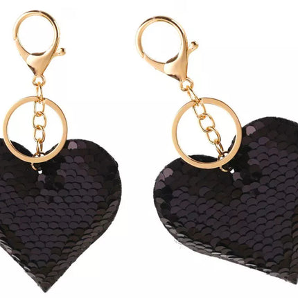 Širdies formos blizgučių raktų pakabukas, dvipusis, sidabro spalvos, juodas