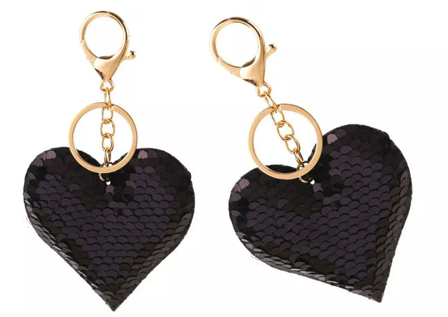 Širdies formos blizgučių raktų pakabukas, dvipusis, sidabro spalvos, juodas