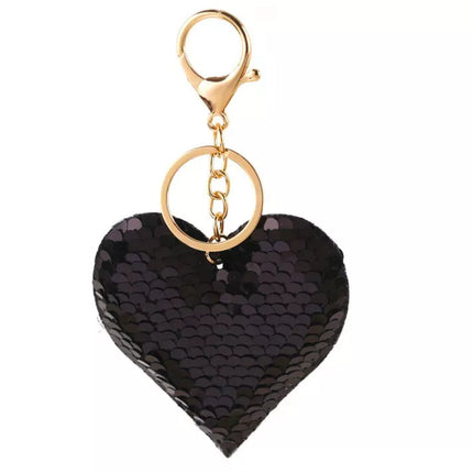 Širdies formos blizgučių raktų pakabukas, dvipusis, sidabro spalvos, juodas