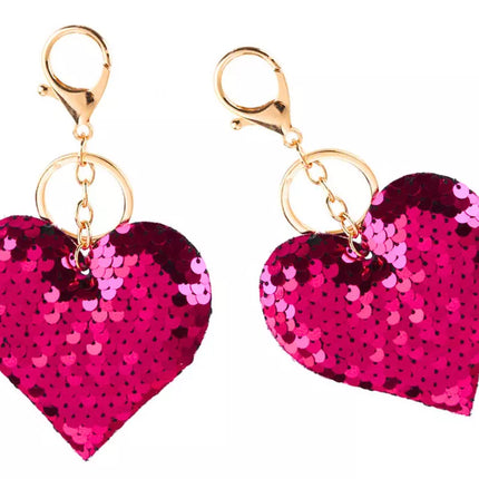 Širdelės formos raktų pakabukas su blizgučiais, dvipusis, sidabro/tamsiai rožinės spalvos