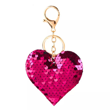 Širdelės formos raktų pakabukas su blizgučiais, dvipusis, sidabro/tamsiai rožinės spalvos