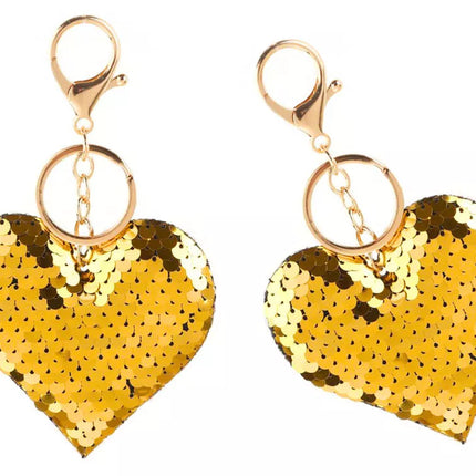 Širdies formos raktų pakabukas su blizgučiais, dvipusis, sidabro ir aukso spalvos