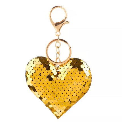 Širdies formos raktų pakabukas su blizgučiais, dvipusis, sidabro ir aukso spalvos