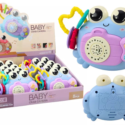 Krabų formos barškutis-projektorius su baterijomis, skleidžiantis garsus, mėlynas