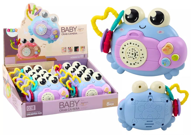 Krabų formos barškutis-projektorius su baterijomis, skleidžiantis garsus, mėlynas