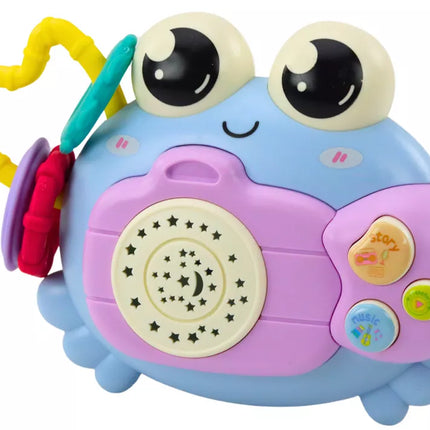 Krabų formos barškutis-projektorius su baterijomis, skleidžiantis garsus, mėlynas