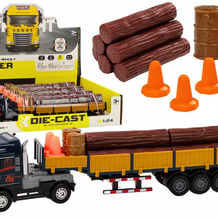 Medinis sunkvežimis mėlynas sunkvežimio priekaba 1:24 mediniai rąstai garsai šviesos