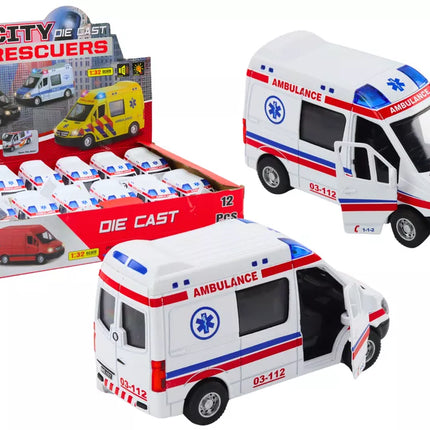 Greitosios pagalbos automobilis Greitosios pagalbos automobilis 1:32 Atidaromos durys Šviesos Garsai Važiuoja Baltas