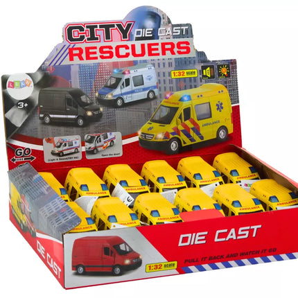 Greitosios pagalbos automobilis 1:32 Atidaromos durys Šviesos Garsai Važiuoja Geltonas