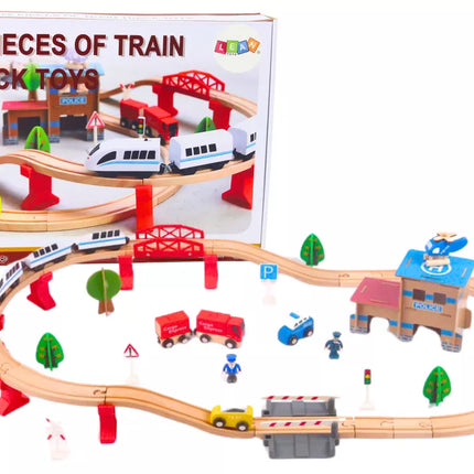Medinis traukinio bėgių rinkinys su vagonais ir pastatais, 88 elementai