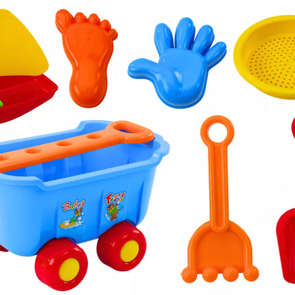 Smėlio žaislų rinkinys: Mėlynas vežimėlis, grėblys, mentelė, laivelis, 8 el.