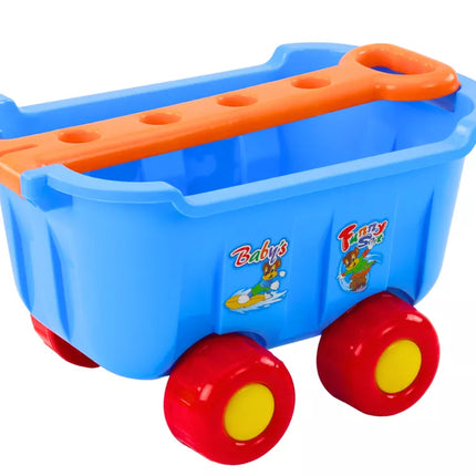 Smėlio žaislų rinkinys: Mėlynas vežimėlis, grėblys, mentelė, laivelis, 8 el.
