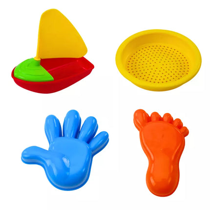 Smėlio žaislų rinkinys: Mėlynas vežimėlis, grėblys, mentelė, laivelis, 8 el.