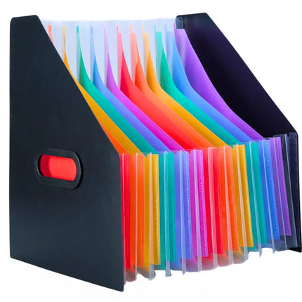 Vertikalus juodas A4 dokumentų aplankas su spalvotais skirtukais ir kišenėlėmis