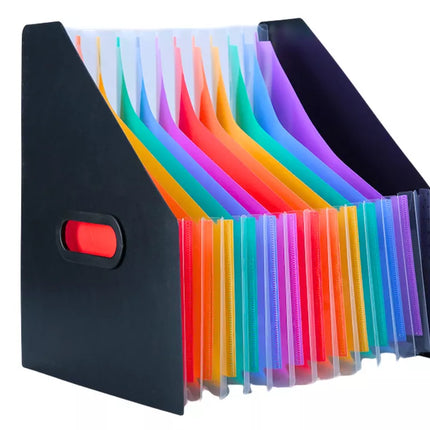 Vertikalus juodas A4 dokumentų aplankas su spalvotais skirtukais ir kišenėlėmis