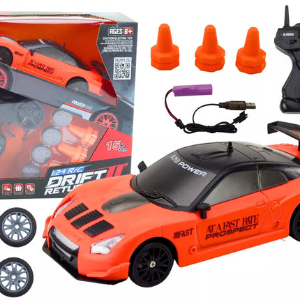 Nuotoliniu būdu valdomas R/C sportinis automobilis 1:24 oranžinis su keičiamais ratais
