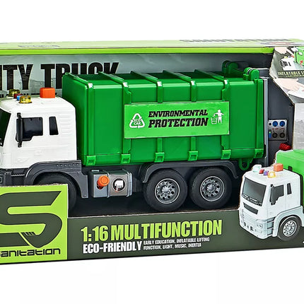 Šiukšliavežis su frikciniu varikliu, garsų efektais, žalias, 1:16 rūšiavimas