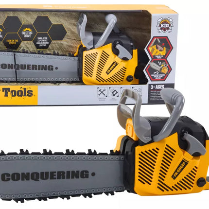 Žaislinis grandininis pjūklas vaikams su guma dengtu pjūklu, šviesomis ir garsais