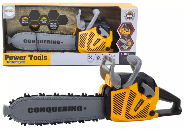 Žaislinis grandininis pjūklas vaikams su guma dengtu pjūklu, šviesomis ir garsais