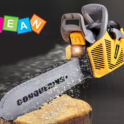 Žaislinis grandininis pjūklas vaikams su guma dengtu pjūklu, šviesomis ir garsais