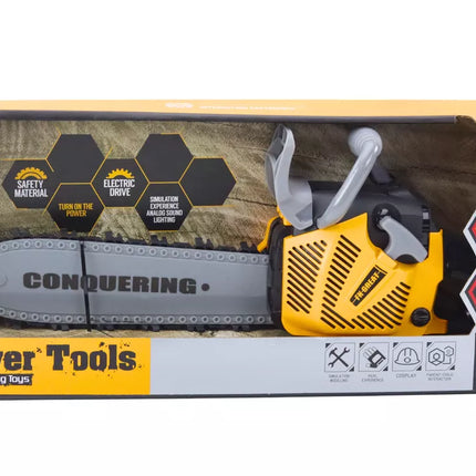 Žaislinis grandininis pjūklas vaikams su guma dengtu pjūklu, šviesomis ir garsais