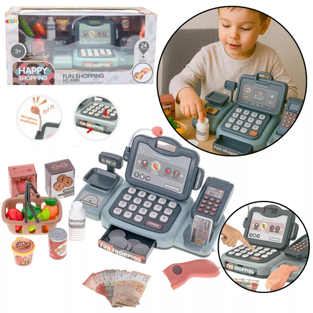 Kasos aparato rinkinys su maisto produktais, skaitytuvu ir krepšeliu, 24 elementai