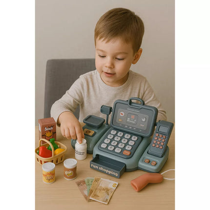 Kasos aparato rinkinys su maisto produktais, skaitytuvu ir krepšeliu, 24 elementai