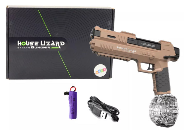 Automatinis vandens šautuvas rudame permatomame konteineryje