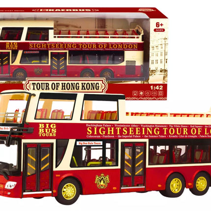 Dviaukštis ekskursinis autobusas 1:42 metalinis, su šviesomis, raudonas