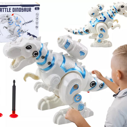 Robotas dinozauras su strėlių paleidimo įrenginiu, šviesomis ir garsais, baltas