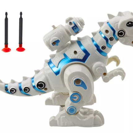 Robotas dinozauras su strėlių paleidimo įrenginiu, šviesomis ir garsais, baltas