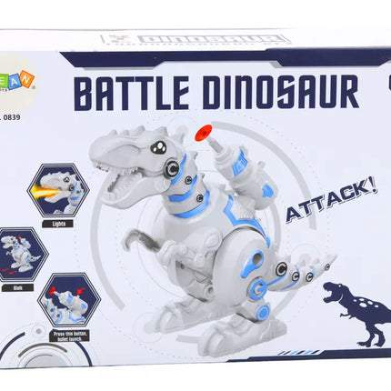 Robotas dinozauras su strėlių paleidimo įrenginiu, šviesomis ir garsais, baltas