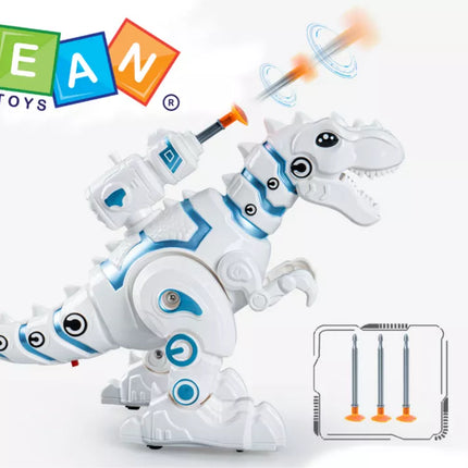 Robotas dinozauras su strėlių paleidimo įrenginiu, šviesomis ir garsais, baltas