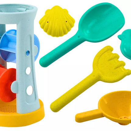 Smėlio žaislų rinkinys, malūnėlis, grėblys, kastuvas, formelės